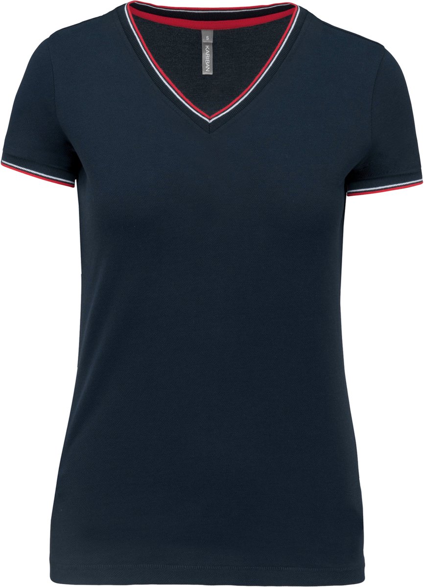 Kariban Dames-t-shirt piqué V-hals K394 - Navy / Red / White - XS