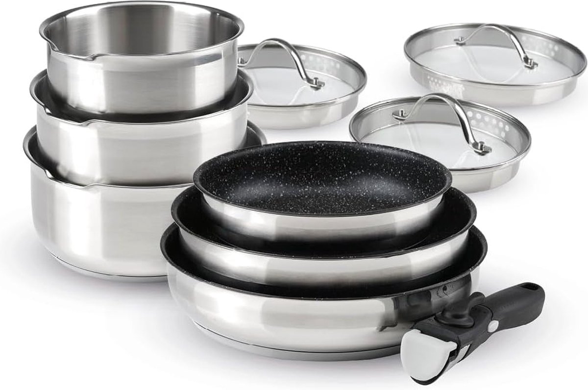 Set van 3 sauspannen in roestvrij staal + 3 non-stick coating braadpannen + 1 afneembaar handvat + 3 zeefdeksels met roestvrij stalen handvat - Zilver / Zwart / Transparant