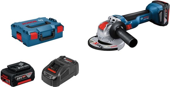 Bosch Professional haakse slijper met X-LOCK, accu, lader en blauwe L-Boxx opbergkoffer.