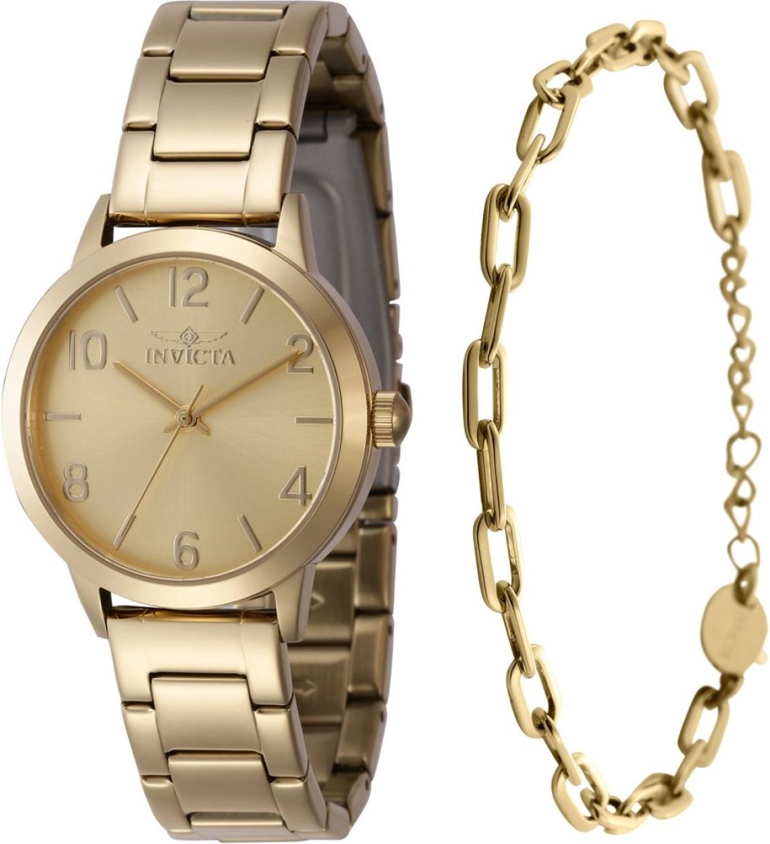 Invicta Wildflower 47271 Dames Horloge - Waterdicht - Analoog - Quartz Uurwerk - Roestvrij Staal met gouden Wijzerplaat - 34mm - met bijpassende armband