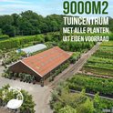 Luchtfoto van een tuincentrum van 9000m2 met kassen en rijen planten.