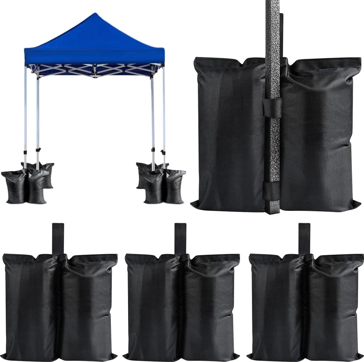 Set of 4 pavilion sandbags for securing tents and parasols. Black weight bags, 34 x 38 cm, essential accessories for outdoor shelters.