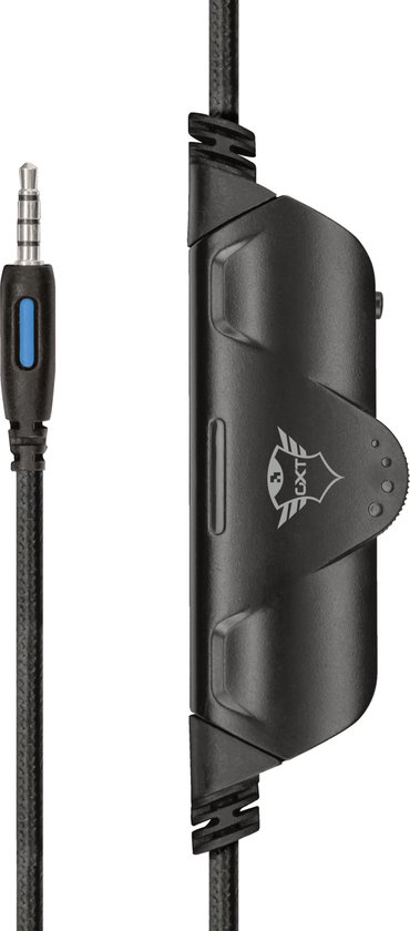 Zwarte kabel met 3,5mm jackplug en inline bediening met blauwe knop.