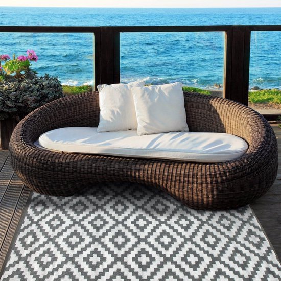 HOMESCAPES Buitentapijt Rond - Zwart-wit Mozaïek, 180 Cm, Waterdicht, Gerecycled Plastic