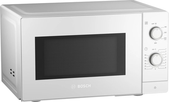 Witte Bosch magnetron met een zwarte deur en twee draaiknoppen aan de rechterkant.