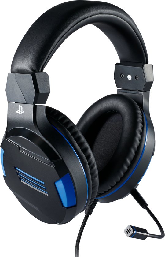 Zwarte en blauwe stereo gaming headset met blauwe accenten op de oorschelpen en microfoon.