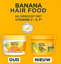 Comparaison de l'ancien et du nouveau masque capillaire Garnier Fructis Hair Food banane. La nouvelle formule est enrichie en vitamines C, E, F.