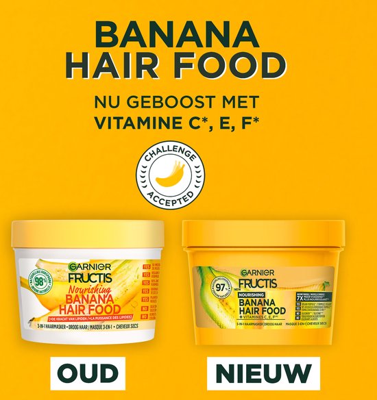 Comparaison de l'ancien et du nouveau masque capillaire Garnier Fructis Hair Food banane. La nouvelle formule est enrichie en vitamines C, E, F.