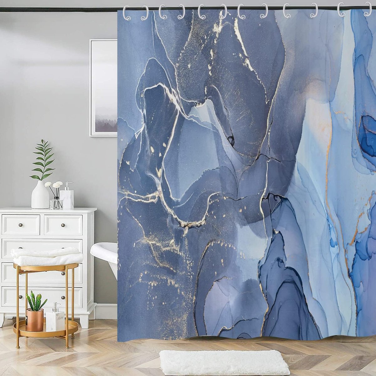 Douchegordijn blauw goud marmer 180 x 180 cm modern abstract blauw goud wit marmerlook textuur wasbaar badkamer douchegordijnen polyester textiel waterdicht douchegordijn voor