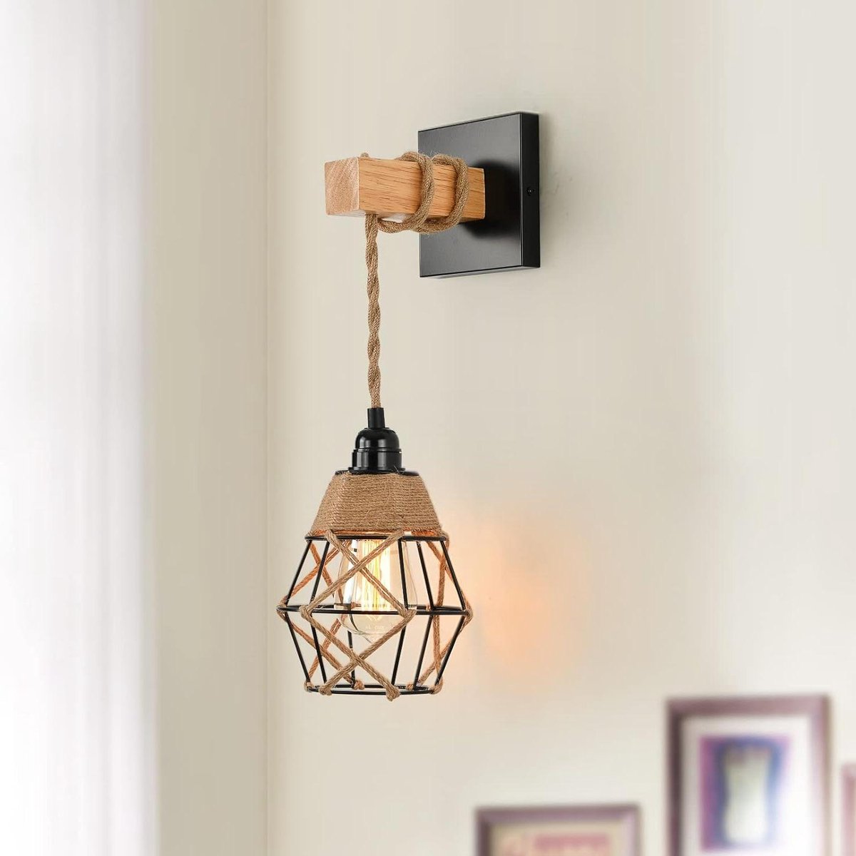 Wandlamp met 16 meter kabel - Vintage lampenkap van rotan en henneptouw - E27-houderkit voor slaapkamer, keuken, balkon, gangpad