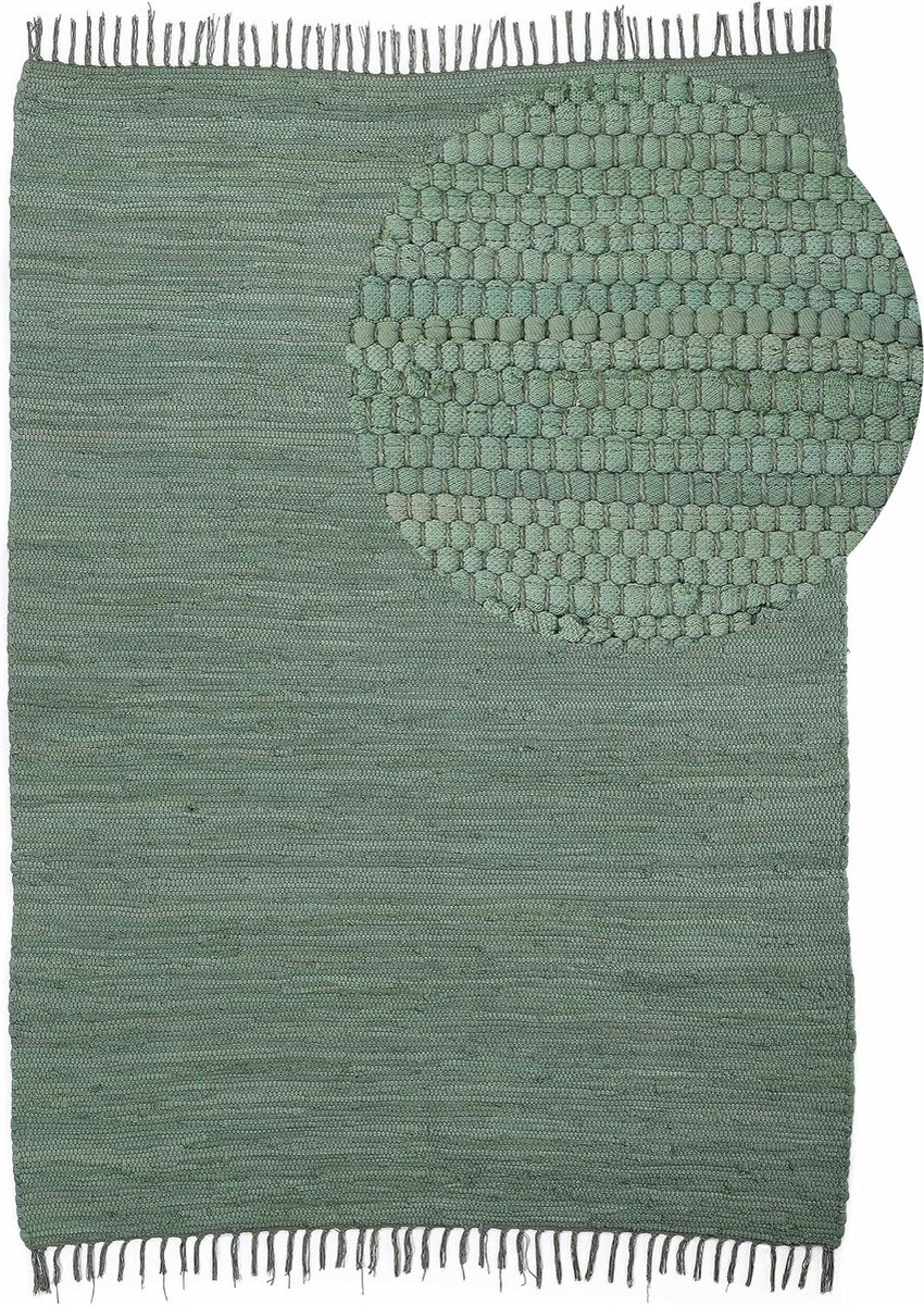 Vloerkleed met de hand geweven katoen voor woonkamer met franjes effen groen 120 x 170 cm
