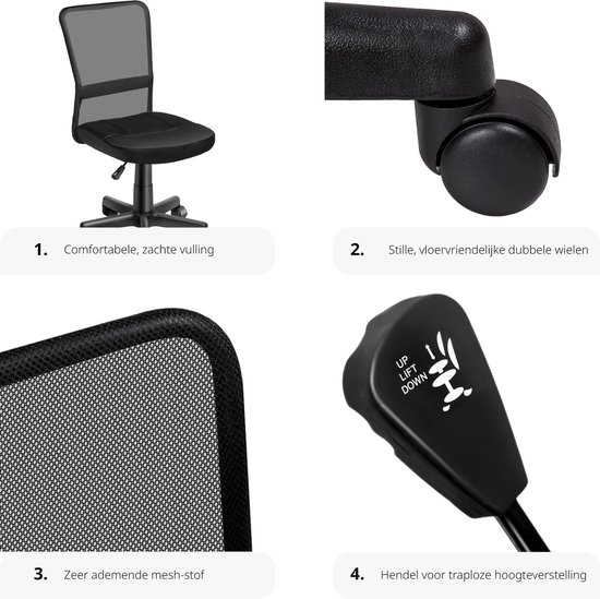 tectake® Ergonomische Bureaustoel - Draaistoel met Wielen, Gamingstoel, Comfortabel Meubilair voor Studeer- en Kinderkamer, PC- en Computerbureau - Zwart