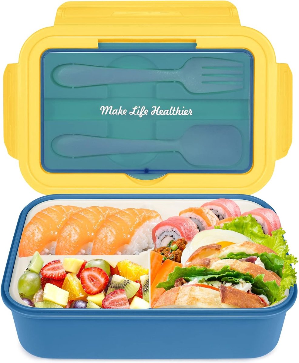 Lunchbox Bento lunchbox 1400 ml lunchbox voor volwassenen en kinderen lunchbox lekvrij met 3 compartimenten broodtrommel lunchbox magnetronbestendig ingebouwde bestekset lepel en vork blauw