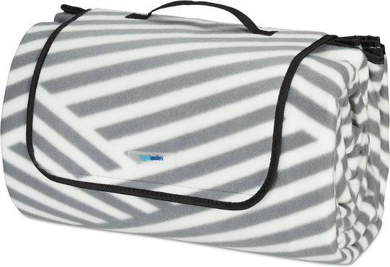 Couverture de pique-nique 200x300 cm XXL polaire imperméable pliable gris blanc manche aluminium rayures