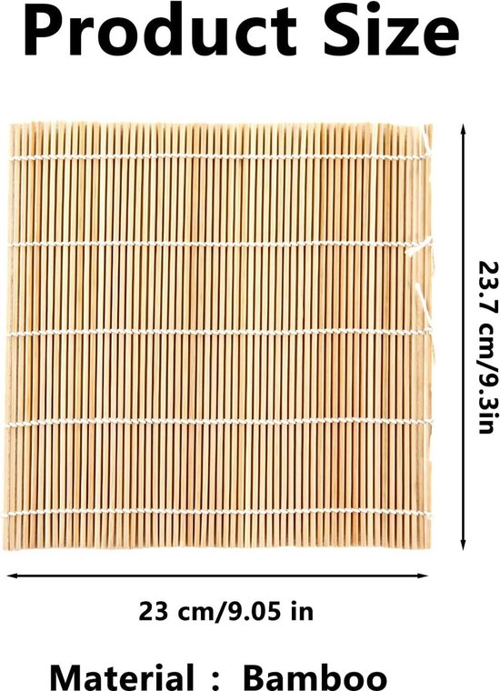 Afmetingen van een bamboe sushi mat: 23 cm / 9.05 inch breed en 23.7 cm / 9.3 inch lang. Materiaal: bamboe.