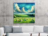 Modern koeien schilderij | Grazende boerderijdieren gevangen in een hedendaags impressionistisch schilderij | Kunst - 100x100 centimeter op Canvas | Foto op Canvas