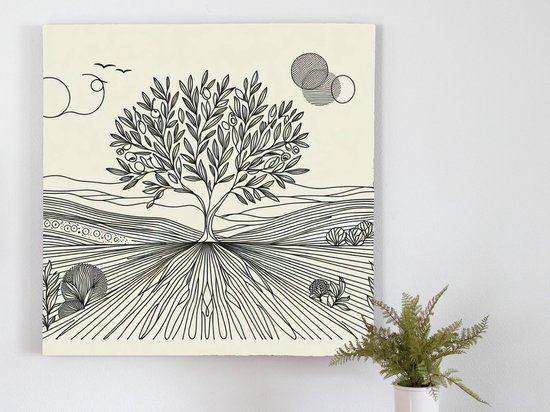 Line art olijfboom schilderij | Olive branches intertwine in a graceful dance of lines | Kunst - 60x60 centimeter op Canvas | Foto op Canvas