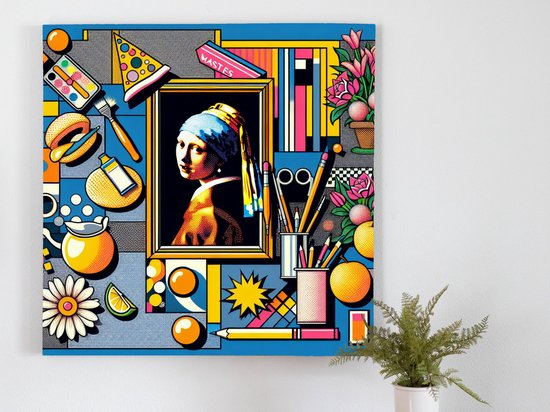 Pop art vermeer schilderij | Vibrant Vermeer: A Contemporary Twist on Classic Pop Art | Kunst - 40x40 centimeter op Dibond | Foto op Dibond