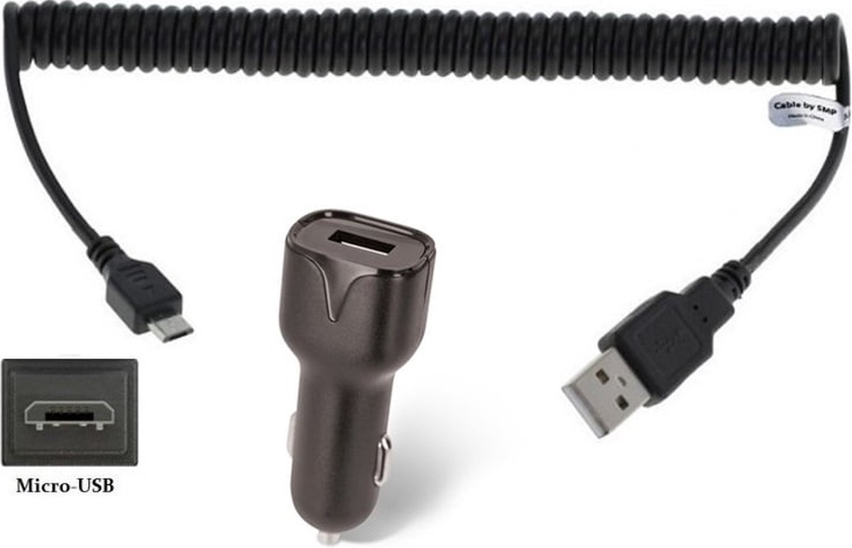 OneOne 2.1A Auto oplader + 0,4m spiraal Micro USB kabel. Autolader adapter past op Samsung Galaxy Note GT-N7000, Note 3, Note 3 Neo, Note 4, Note 5, Note Edge, A6 (niet voor A6s), A6+, Trend, Wave
