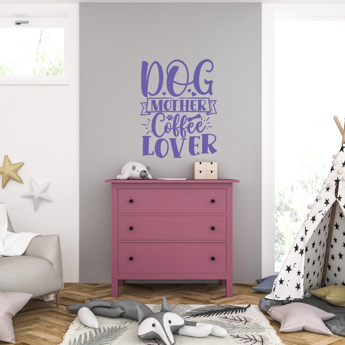MC Living Muursticker - Dog Mother Coffee Lover - 40,6 x 51,8 - Paars