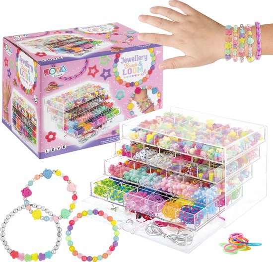 Foto: Joya creative mega 3000 sieradendoos voor meisjes kralen set met letterkralen pastel kleuren smiley beads en parels inclusief loombandjes armbandjes en kettingen maken stevige opbergdoos met 5 lades