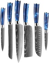 Shinrai Japan - Messenset - 6 delig - Koksmes - Japanse mes - Mes - Japanse Damascus Print Sapphire - Met Luxe Geschenkdoos