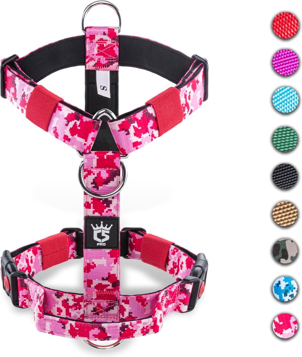 Tactisch hondentuigje met handgreep, 3,3 cm breed, militaire kwaliteit, dik gevoerd en robuust, snelsluiting, geschikt voor kleine tot middelgrote honden (Camo Pink-S)