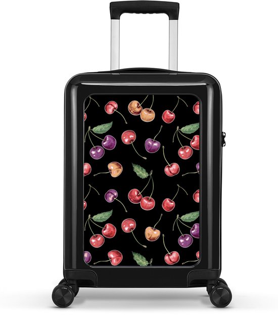 Stickercase - Handbagage koffer - Lichtgewicht Trolley 55cm - Cijferslot - Cherry Carnival print - Zwart