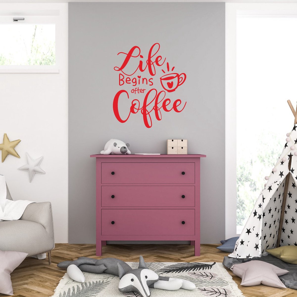 MC Living Muursticker - Life Begins After Coffee - 40,6 x 46,9 - Rood