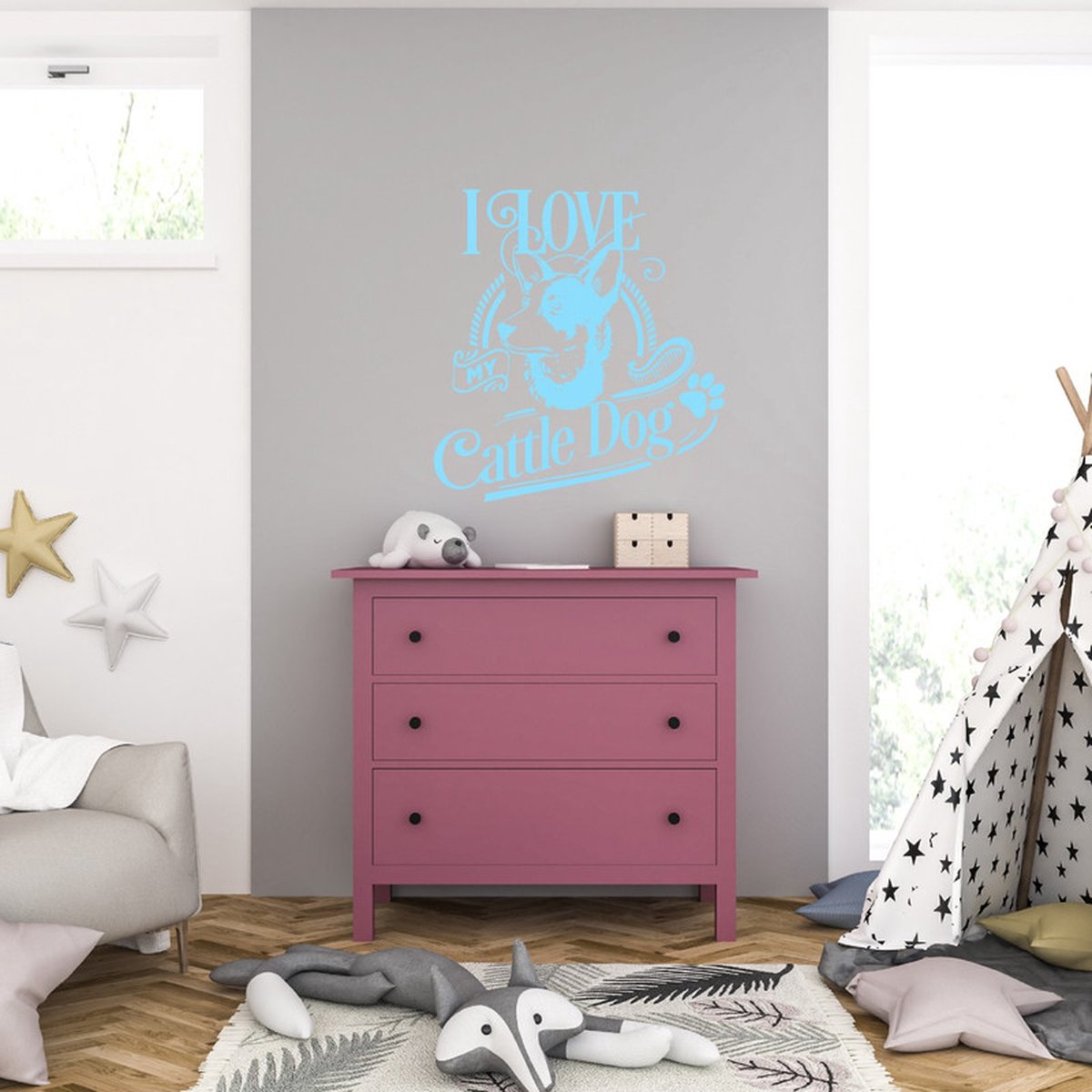 MC Living Muursticker - I Love My Cattle Dog - 58 x 62 - Licht Blauw