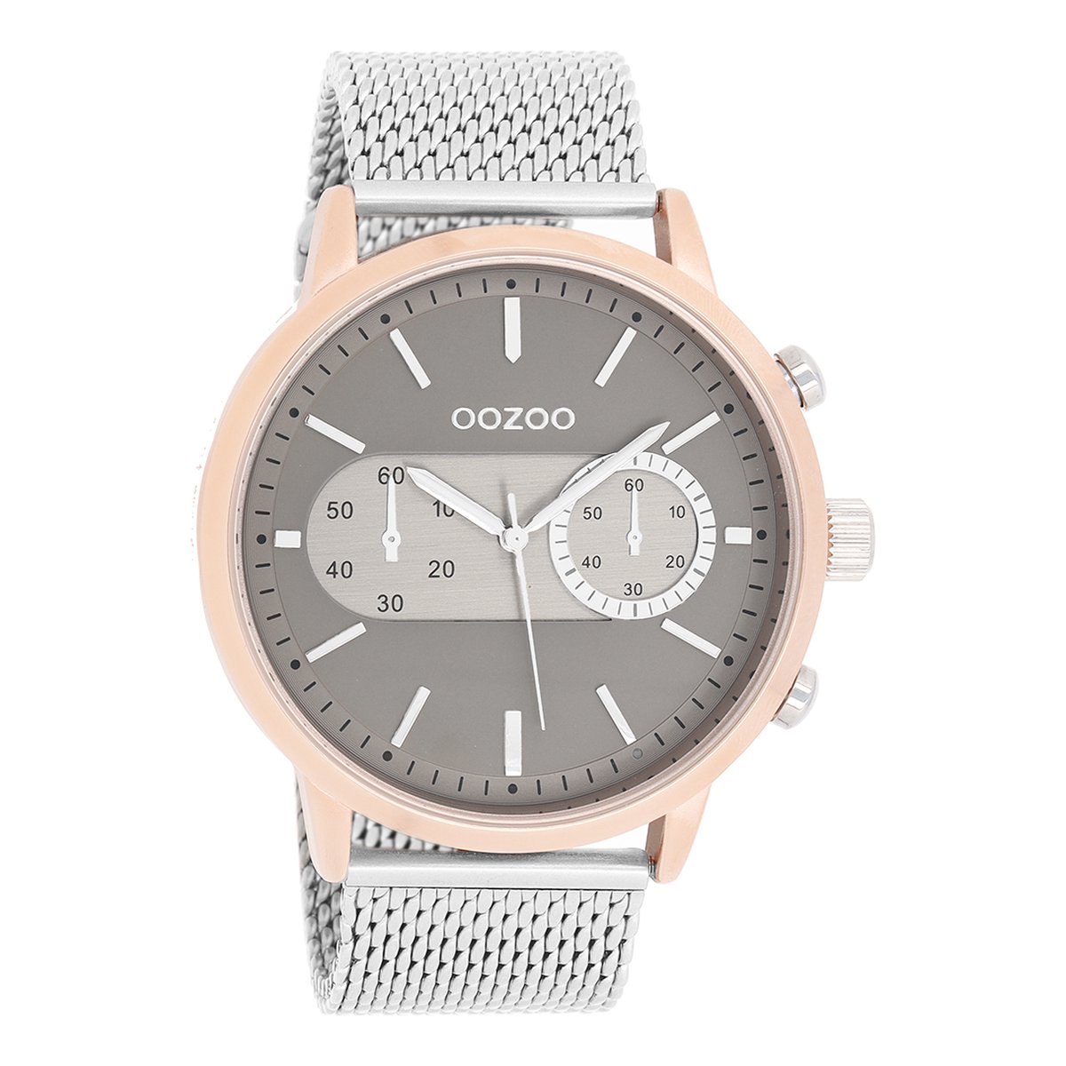 OOZOO Timepieces - Rosé goudkleurige horloge met zilverkleurige metalen mesh armband - C9072