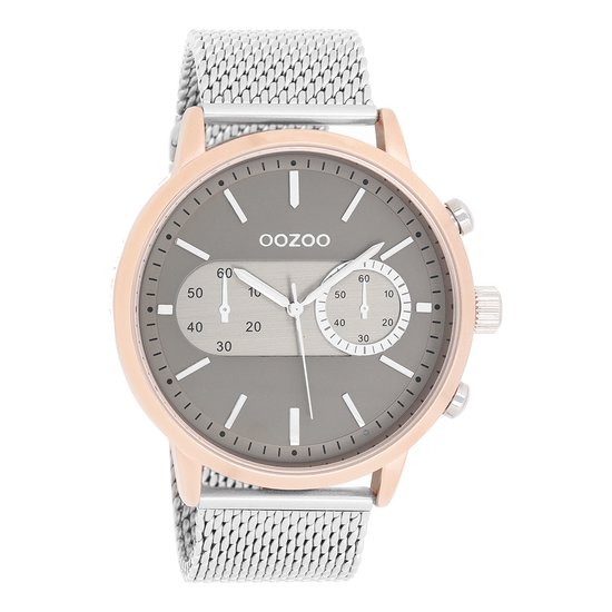 OOZOO Timepieces - Rosé goudkleurige horloge met zilverkleurige metalen mesh armband - C9072