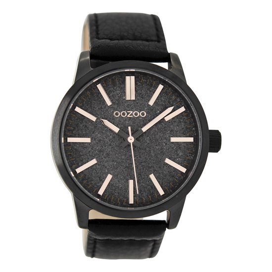 OOZOO Timepieces - Zwarte horloge met zwarte leren band - C9068