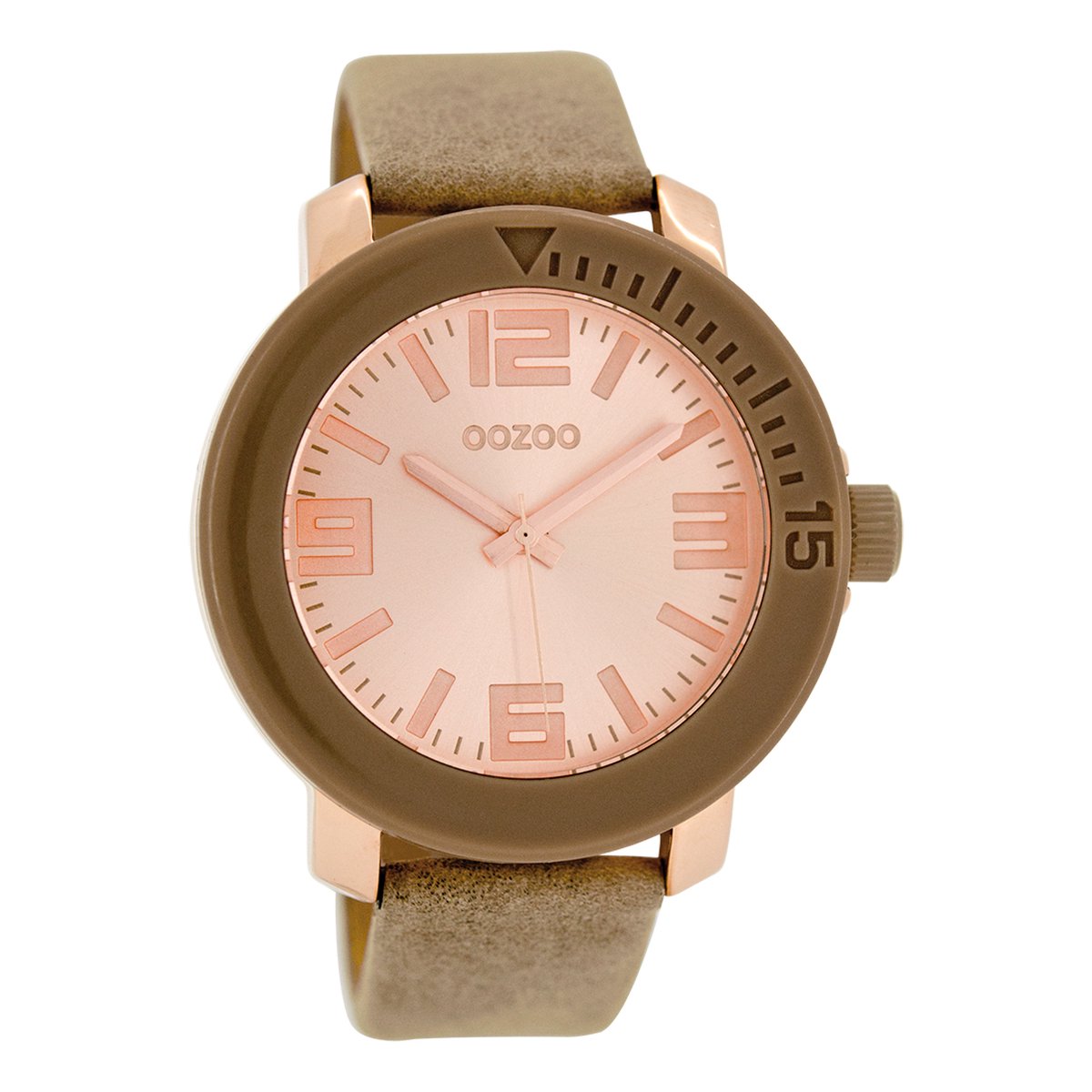 OOZOO Timepieces - Rosé goudkleurige horloge met bruine leren band - C6261