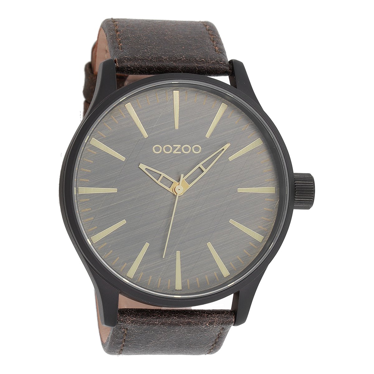 OOZOO Timepieces - Zwarte horloge met donker bruine leren band - C7863