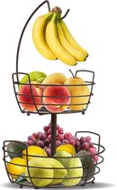 Corbeille à fruits à 2 niveaux avec crochet banane, support à fruits pour plan de travail, corbeille à fruits en métal pour légumes et fruits, noir