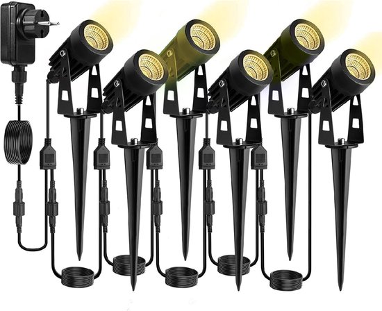 30M Garden Spot LED Ground Skewer 6 Pack Lights with Power IP65 Waterproof Garden Spotlights Outdoor Lamp 3000K Warm White COB Ideal for Lawn Path