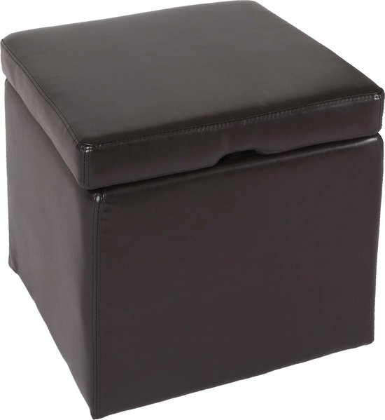 Kruk Zitkussen Opbergbox Onex, met deksel, leer + kunstleer, 45x44x44cm MVG ~ bruin