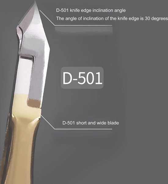 Detail van de scherpe mesjes van nagelknipper D-501. De hoek van de snede is 30 graden.