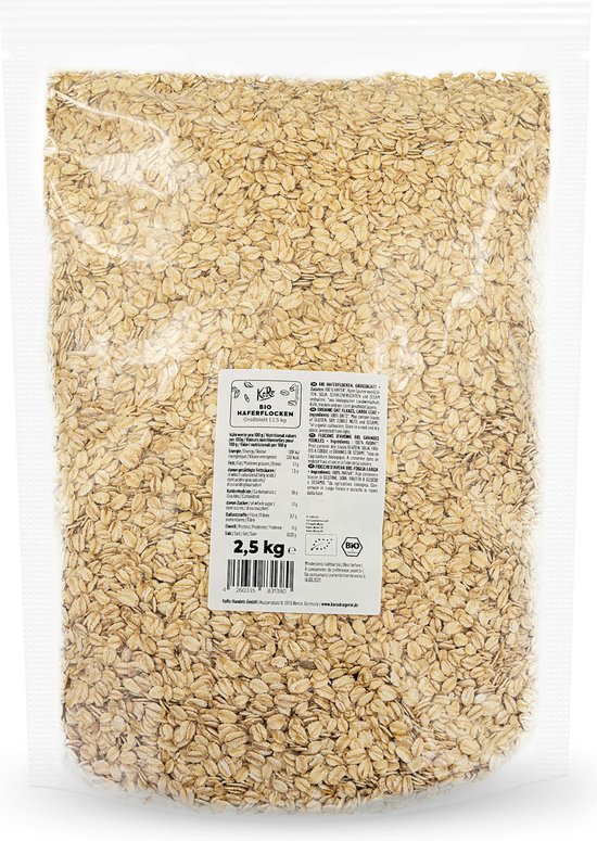 Een grote zak biologische grofgehakte havervlokken van 2,5 kg.
