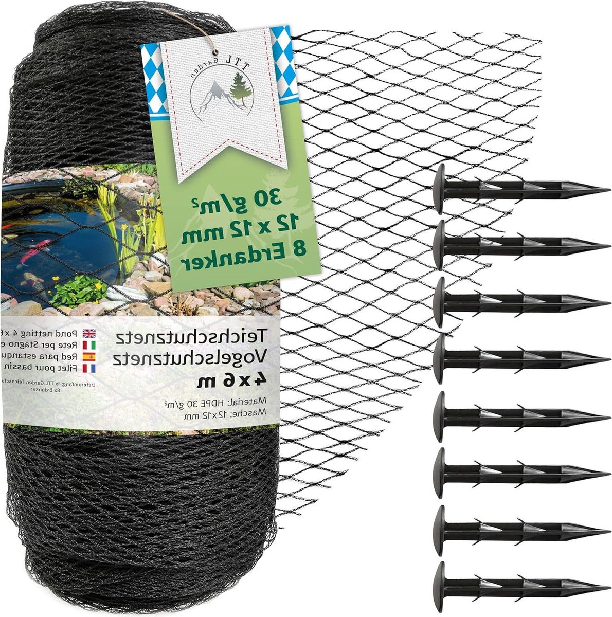 Vijvernet 4 x 6 m zwart 30 g m² Fijnmazig HDPE vogelnet met grondankers bird netting