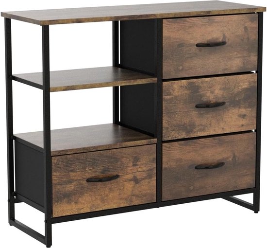 Relaxdays ladekast, 5 lades, 2 planken, boeken & decoratie, dressoir industrieel, HxBxD: 87x84x32 cm, bruin/zwart