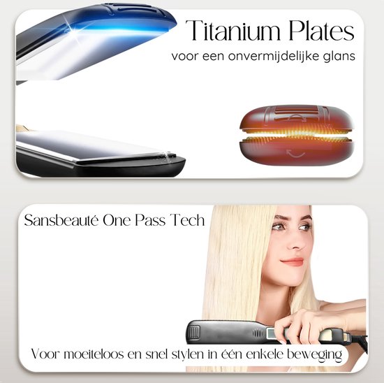 Fer à lisser Sansbeauté avec plaques en titane pour la brillance. Technologie One Pass pour un coiffage sans effort en un seul mouvement.