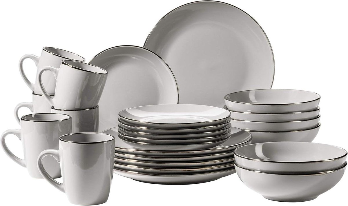 Serviesset 12 persoons Metallic Rim Moderne serviesset voor 6 personen goudkleurige rand 24-delig servies randloze coupe-vormen aardewerk grijs Serviesset 12 persoons