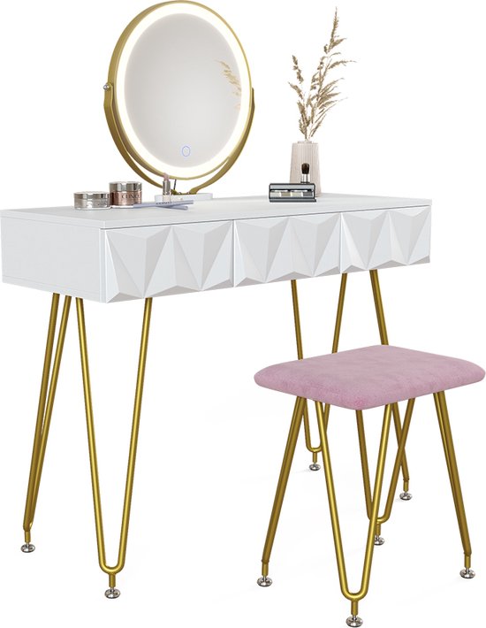 Vicco Coiffeuse Layla 100cm Rose/Blanc avec LED et Tabouret