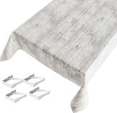 Buiten tafelkleed/tafelzeil grijs steigerhout print 140 x 170 cm met 4 tafelkleedklemmen - Tuintafelkleed tafeldecoratie
