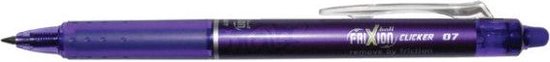Paarse FriXion Clicker 07 pen met zilverkleurige clip en doorzichtige paarse behuizing.