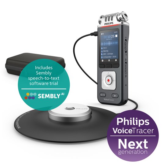 Philips VoiceTracer recorder, 360° microfoon en opbergdoos. Met Semby AI spraak-naar-tekst.