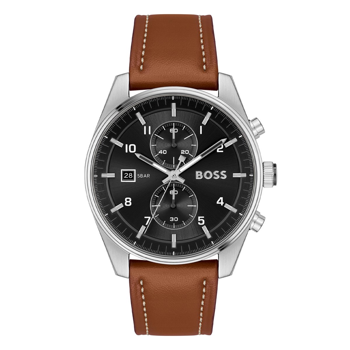 BOSS HB1514161 SKYTRAVELLER Heren Horloge - Chronograaf - Mineraalglas - Staal-Leer - Bruin-Zilverkleurig - 44 mm breed - Quartz - Gesp - 5 ATM (douchen)