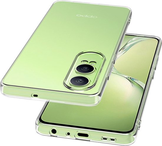 Lichtgroen OPPO telefoonhoesje van transparant TPU, met zichtbare poorten en dubbele camera-uitsparing.